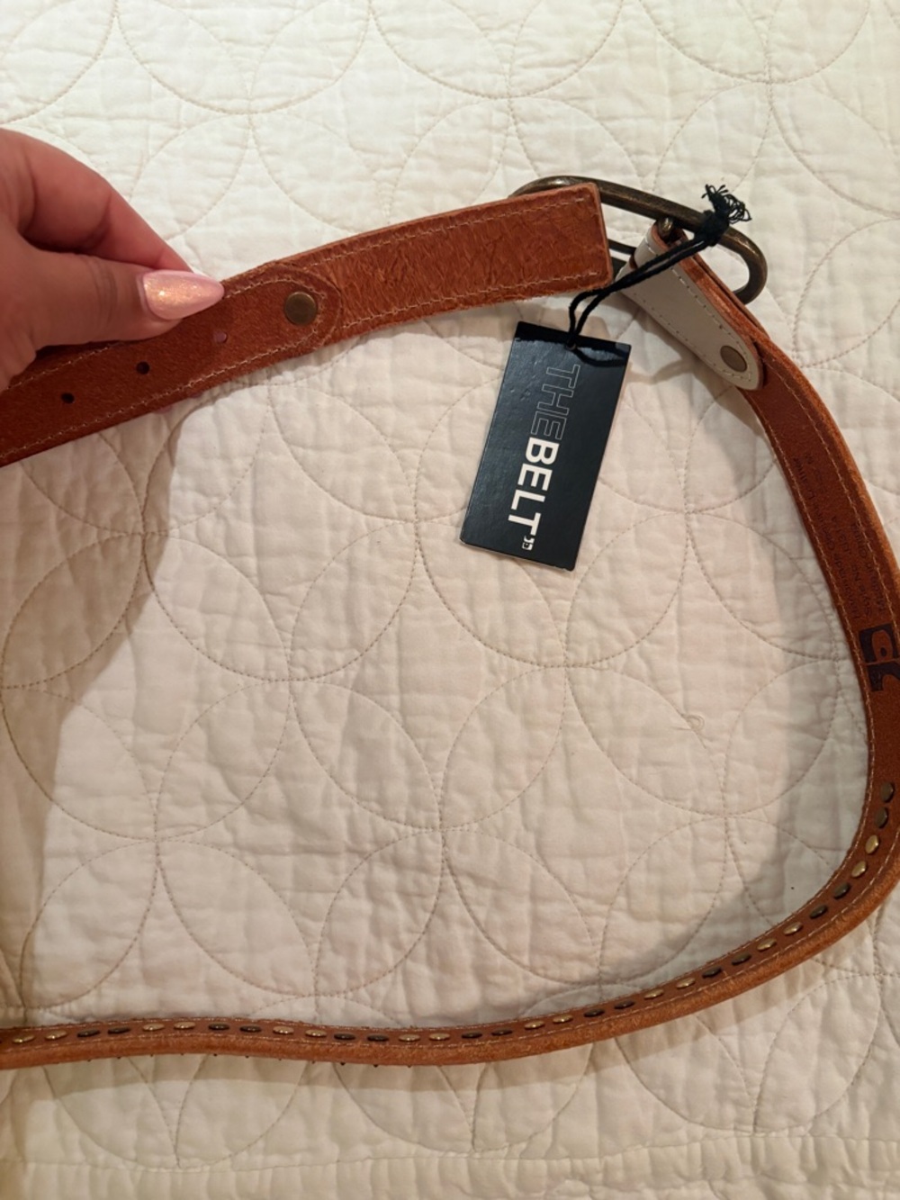 Two-Tone Studded Women’s Leather Belt - White & Brown - Picture 4 of 4